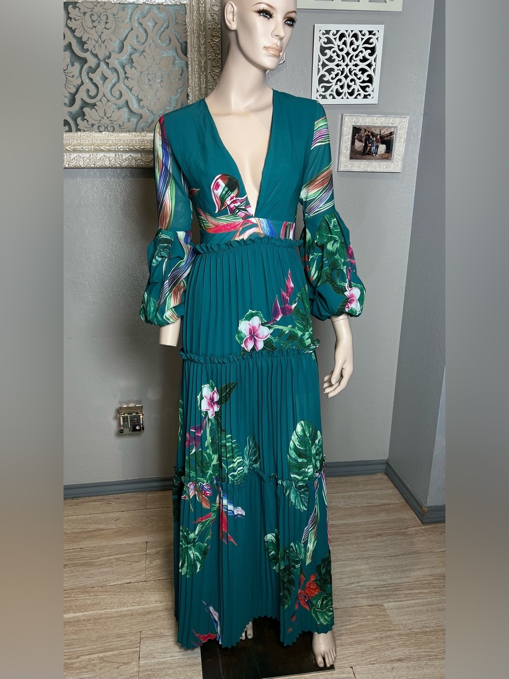 Banjul Teal Tropical Floral V-Neck Maxi Dress - Picture 6 of 15